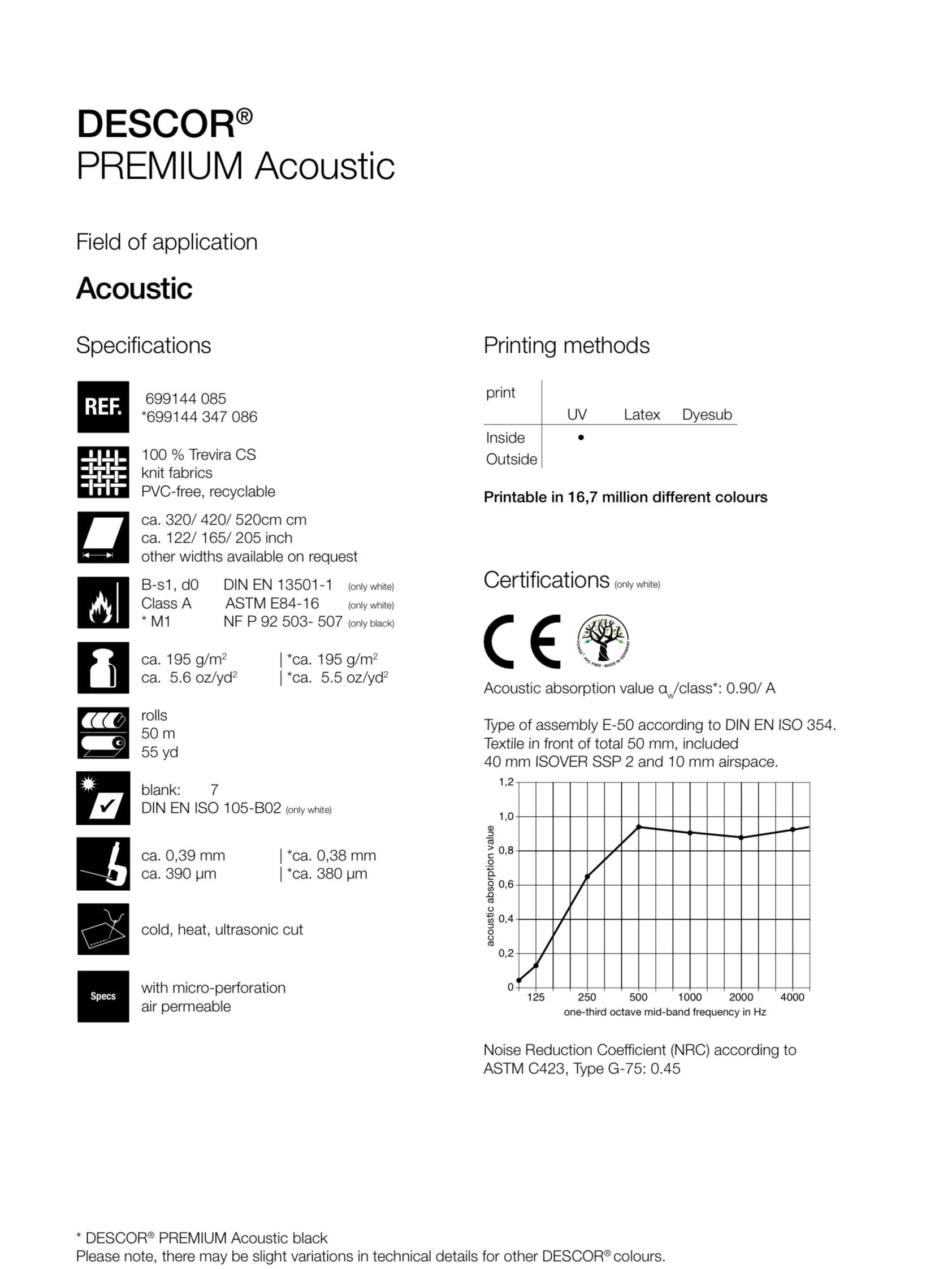 Akustisk plate fra DESCOR® PREMIUM-serien vist i bilde, produsert av Systmhimling, designet for lydabsorberende tak.